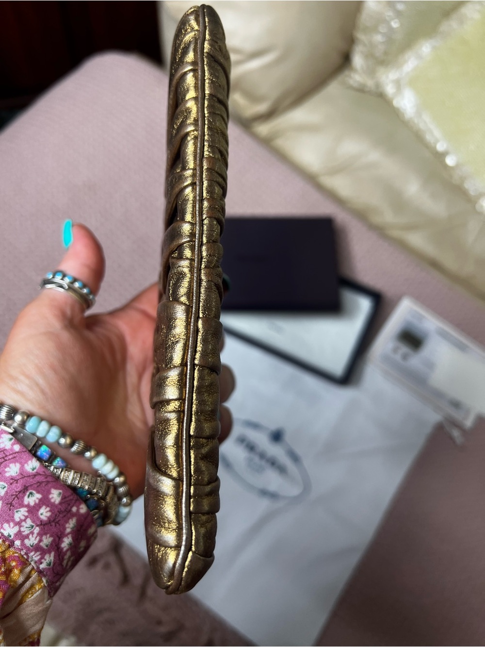 PRADA Metallic Gold Ruched Leather Clutch - Picture 7 of 11